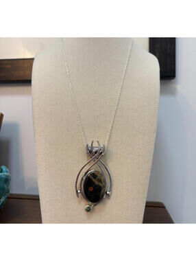 Silver Tone and Jasper Oval Pendant Statement Necklace Artisan Boho 16"